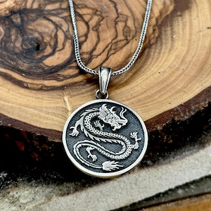 Dragon Signet Pendant, Dragon Head Necklace, Mythical Dragon Jewelry, Round Dragon Pendant, Unisex Necklace, 925k Sterling Silver