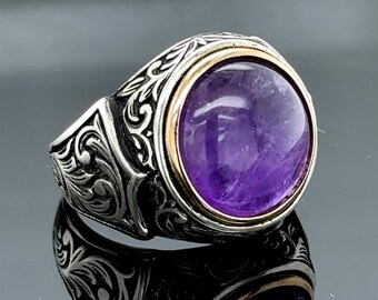 Natural Amethyst Silver Ring 925 Sterling - 24.25 Carat Oval Cut - Not Enhanced - Thailand