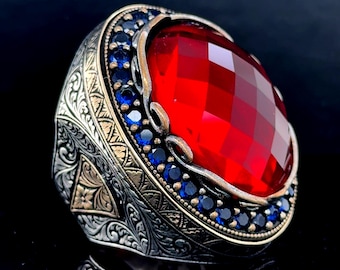 Indian Jewelry カラーストーンシルバーリング 赤 レッド 男性用手作りガーネットストーンリング、大きな赤い宝石のメンズリング