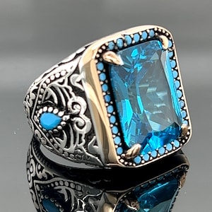 Men Silver Aquamarine Stone Ring , Blue Aquamarine  Stone Ring , Vintage Men Ring , Turkısh Ottoman Men Ring , 925k Sterling Silver Ring