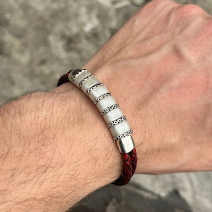 Silver Handmade Pearl Bracelet , Red Leather Mother Of Pearl Stone Bracelet , Handmade Engraved Style Bracelet , 925k Silver Bracelet