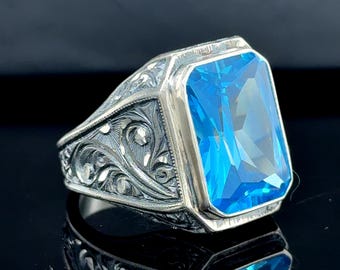 Anel de prata 925 com pedra água-marinha, anel vintage com pedra preciosa azul gravada, anel de sinete de água-marinha masculino, anel de prata esterlina 925, presente para ele