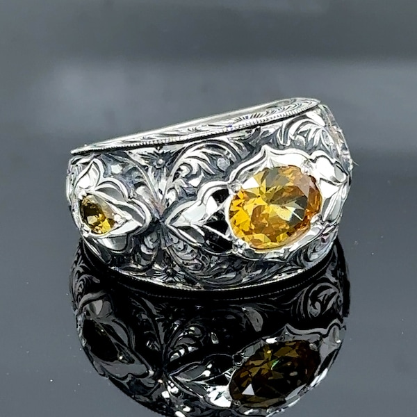 Mannen zilver gegraveerde citrien stenen ring, verlovingsring citrien, handgemaakte band sterlingzilveren ring, Turkse handgemaakte unisex ring