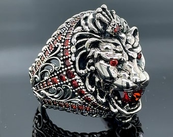 Zilveren Ruby Stone Leon-kopring, handgemaakte ring met wilde leeuw, grote Leon-dierenring, 925k sterlingzilveren ring, vaderdagcadeau