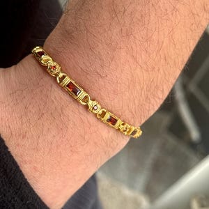 Men Gold Ruby Hand-Engraved Byzantine Bracelet, Silver Red Stone Bracelet, Men Gold Ruby Link Chain Men Bracelet, Silver Vintage Bracelet