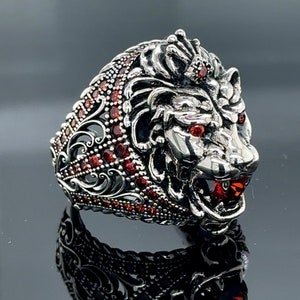 シルバー ルビー ストーン レオン ヘッド リング、ハンドメイド ワイルド ライオン リング、ラージ レオン アニマル リング、925k スターリング シルバー リング、父の日ギフト