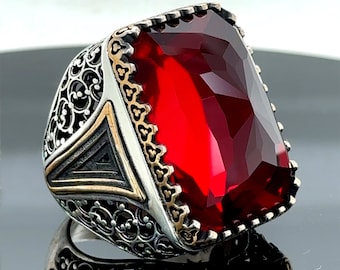 Man Silver Square Ruby Ring , Large Ottoman Style Ring , Big Red Stone Ring , Zircon Stone Ring , 925k Sterling Silver Ring , Gift For Him
