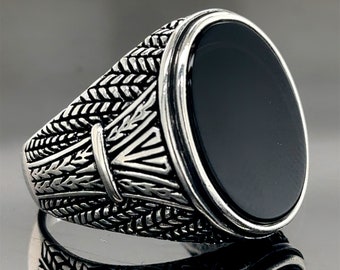 Silver Oval Black Onyx Ring , Onyx Signet Ring , Engraved Onyx