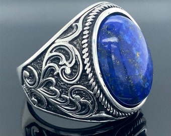 Blue Lapis Lazuli Signet Men&#39;s Ring , Lapis Lazuli Ring, Turkısh Handmade Lapis Ring , Ottoman Style Ring , 925k Sterling Silver Ring