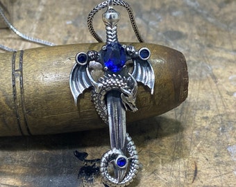 Silver Sapphire Stone Dragon Necklace , Silver Warrior Jewelry , Oxidized Jewelry Dragon Pendant , Silver Sword Necklace , 925k Silver