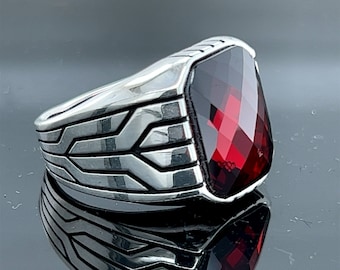Silver Ruby Stone Ring , Men Handmade Ring , Red Stone Ring , Ottoman Style Handmade Ring , 925k Sterling Silver Ring , Gift For Him