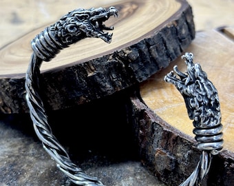 Pulsera de dragón chino de plata, pulsera de puño de dragón ajustable, brazalete de dragones, pulsera vikinga, pulsera gruesa pesada, plata de ley de 925 k
