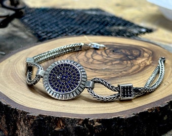 Men Sapphire Stone Bracelet, Cz Stone Men Chain Bracelet, Elegant Men's Stone Bracelet, Ottoman Style Engraved Bracelet, Husband Gift