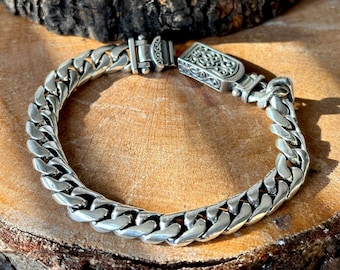 Bracelet chaîne en argent pour homme, Bracelet chaîne à maillons gravés, Chaîne pour homme fabriquée à la main, Chaîne épaisse, Cadeau de Saint-Valentin pour mari, Argent 925 carats