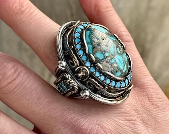 メンズ シルバー ターコイズ リング、レオン ソード フィギュア リング