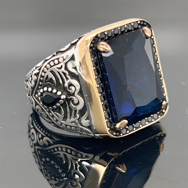 Men Blue Sapphire Stone Ring , Square Blue Stone Ring , Turkısh Handmade Ring , Ottoman Style Ring , 925k Sterling Silver Ring