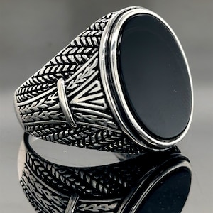 Silver Oval Black Onyx  Ring , Onyx Signet Ring , Engraved Onyx Ring , Handmade Ring For Men , 925k Sterling Silver Ring , Gift For Him