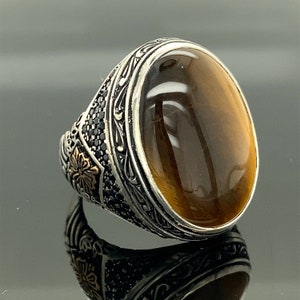 Large Tiger Eye Stone Ring , Sterling Silver Handmade Ring , Natural Tiger Eye Stone Ring , 925k Sterling Silver Ring , Gift For Him