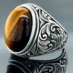 Men Silver Tiger Eye Ring , Engraved Handmade Men Ring ,Tiger Eye Gemstone Ring ,925 Sterling Silver Ring ,Gift For Him, Father Day Gift