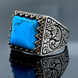 925 Sterling Silver Men Turquoise Signet Ring, Square Turquoise Ring, Handmade Ottoman Style Men Ring, Father Day Gift, Men Jewelry