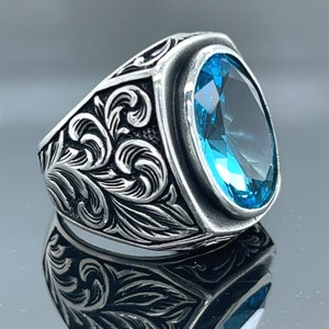 Silver Aquamarine Stone Ring , Natural Blue Aquamarine  Stone Ring , Vintage Men Ring , Turkısh Ottoman Men Ring , 925k Sterling Silver Ring