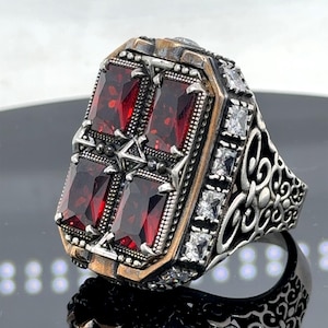 Men Silver Large Ottoman Ring, Men Large Ruby Garnet Stone Ring, Unique Big Red Stone Ring ,925 Sterling Silver Ring , Gift For Him