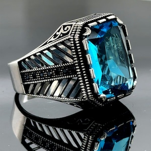 Anel masculino de pedra preciosa Aquamarine, joias Aquamarine, anel masculino exclusivo, anel de prata esterlina azul feito à mão para homem, anel de prata esterlina 925k