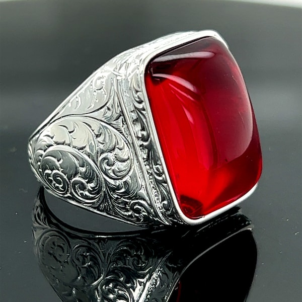 Bague en pierre de rubis naturel, bague en argent fait main pour homme, bague en pierre rouge, bague en argent gravé, bague de style ottoman, bague en argent sterling 925k