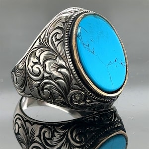 Silver Handmade Turquoise Men Silver Ring , Pen Men's Ring , Oval Gemstone Ring ,Turkish Handmade Ring , 925k Sterling Silver Ring