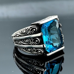 Handmade Silver Aquamarine Ring, Engraved Blue Gemstone Stone Ring , Vintage Men Ring , Turkish Ottoman Men Ring , 925k Sterling Silver Ring