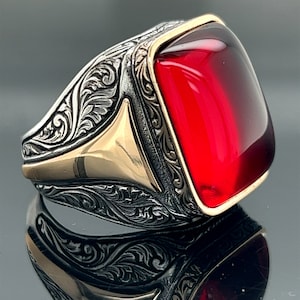 Silver Natural Ruby Stone Ring , Man Handmade Silver Ring , Red Stone Ring,  Engraved Silver Ring , Ottoman Style Ring ,925k Sterling Silver