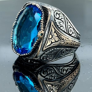 Silver Aquamarine Stone Ring , Ottoman Style Man Ring , Blue Aquamarine  Stone Ring , Vintage Men Ring , 925k Sterling Silver Ring