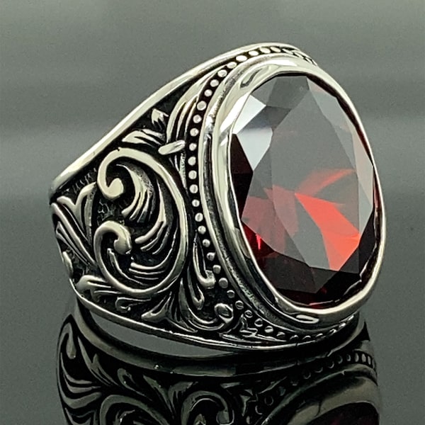 Handgefertigter Rubinsteinring für Männer, ovaler roter Steinring, handgemachter Ring im osmanischen Stil, 925k Sterling Silberring, Geschenk für Ihn