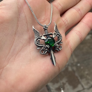 Silver Dragon Necklace , Green Stone Double Dragon Necklace , Warrior Dragon Pendant , Sterling Silver Jewelry , 925k Sterling Silver