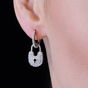 Silver Zircon Lock Earrings , Huggie Key Earrings , Padlock Lock Hoop Earrings , Silver Key Earrings , 925k Sterling Silver