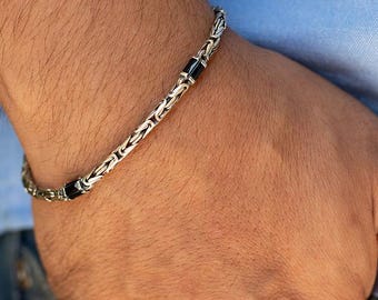 925シルバーキングチェーンビザンチンブレスレット、オニキス