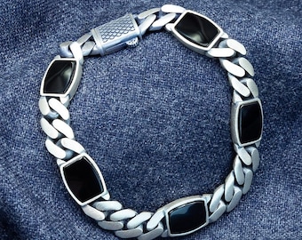 925Kシルバーメンズオニキスブレスレット、トルコ製ハンドメイドカーブ