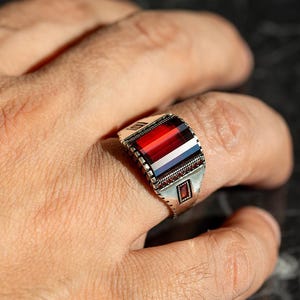 Men 925 Silver Garnet Stone Ring, Minimal Red Garnet Band Ring, Mens Signet Ring, Turkish Handmade Ring, 925 Sterling Silver Ring, Men Gift