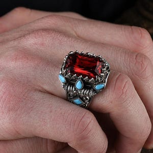 Handgemaakte herenring robijnsteen, vierkante rode granaatsteen granaatring, ring in Ottomaanse stijl, 925k sterlingzilveren ring, cadeau voor hem