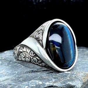 Zilveren blauwe tijgeroog mannen ring, handgemaakte zilveren mannen ring, vader cadeau, handgemaakte zilveren ring, Ottomaanse stijl ring, 925K zilveren ring