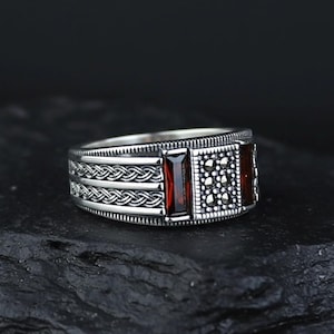 Herrring i silver med minimal granatsten, handgjord röd ädelstensring, herrarmbandring, vintage herrring, turkisk handgjord ring, 925 silver