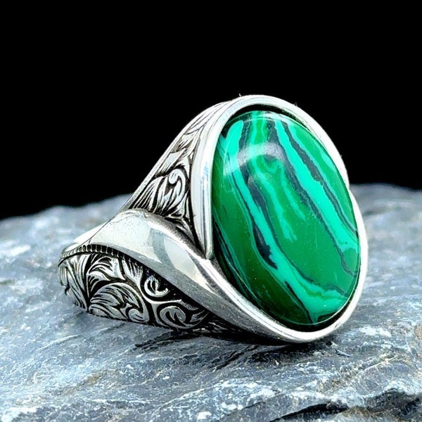 Man Malachite Stone Ring , Men Silver Ring, Engraved Ring, Father Day, Natural Gemstone Ring , 925k Sterling Silver Ring , Gift For Him