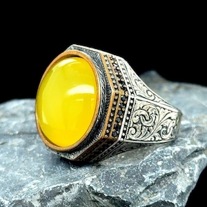 Men Handmade Ring, Round Yellow Agate Silver Ring, Genuine Yellow Agate Men Ring, Ottoman Style Ring, Unisex Ring, Father Day Gift