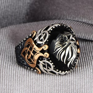 Man Handmade Ring , Eagle Signet Ring , Wild Eagle Ring , Ottoman Style Ring , Onyx Men's Ring , 925k Sterling Silver Ring , Gift For Him