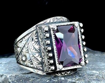 PYTALI Men's Amethyst Ring – S925 Sterling Silver Handmade Vintage Ottoman Style Ring, Sizes 4-16 - View #2