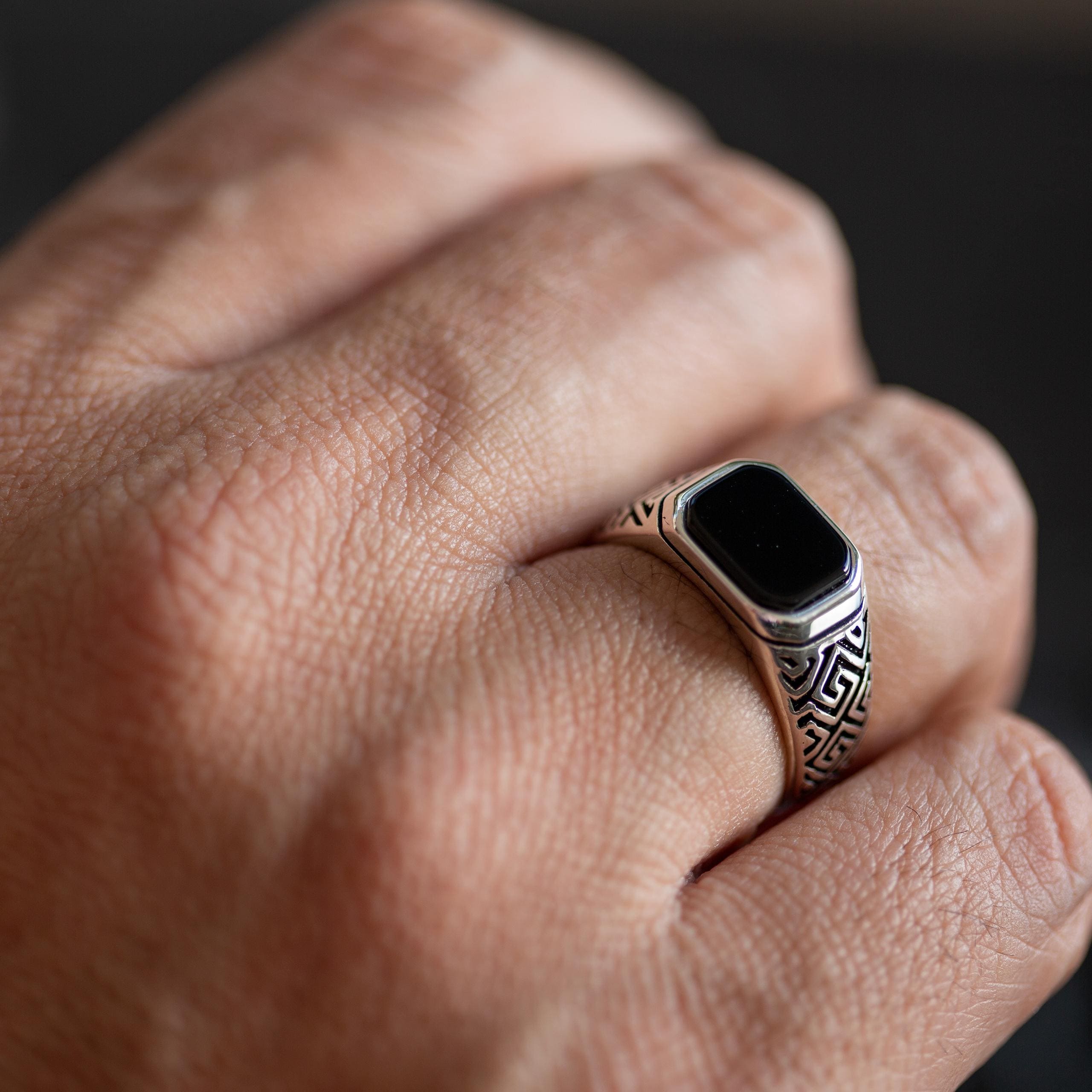 Bague Argent Massif - Pierre D'Onyx Facettée Carrée - Taille 53 - Bijou Vintage Occasion