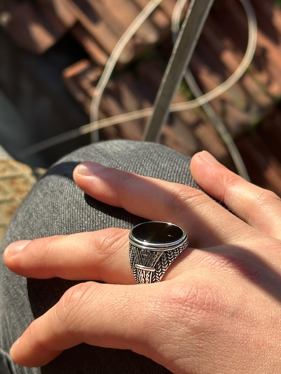 OX JEWELRY　Silver Big Onyx Ring Silver Large Wide Onyx Ring for Women, Modern 925 Sterling