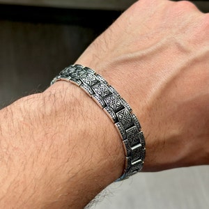 Men Silver Thick Bracelet , Handmade Engraved Bracelet , Silver Thick Bracelet, Heavy Link Chain Bracelet , Father Day, 925k Sterling Silver