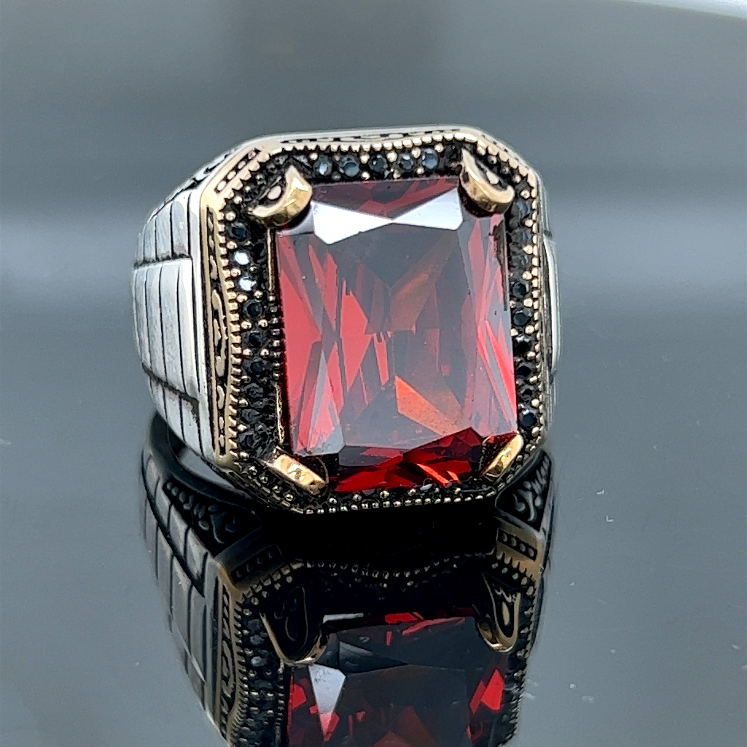 Men Silver Handmade Ruby Stone Silver Ring Red Stone Garnet Ring