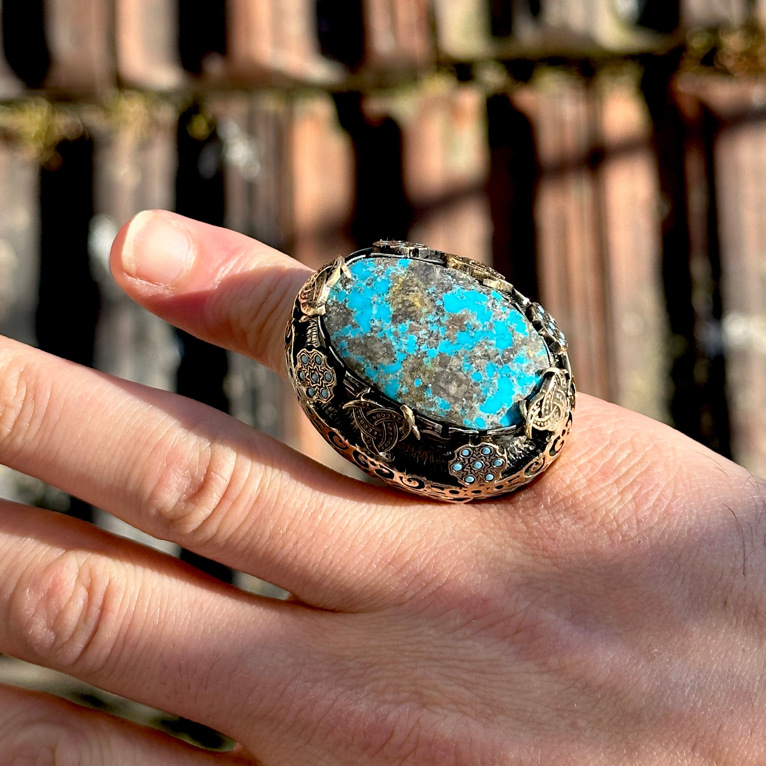 シルバーラージナチュラルターコイズリング、ラージメンズターコイズ
